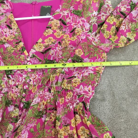 TAYLOR Floral 3/4 Sleeve V-Neck Button Ruffle Trim Smocked Mini Dress Small Sz 4 - Picture 6 of 8